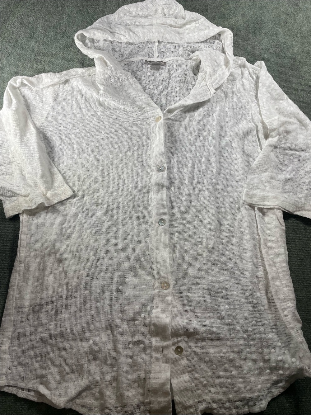 Peppermint White Hooded Button-Front Swim Coverup with Textured Dot Pattern‎